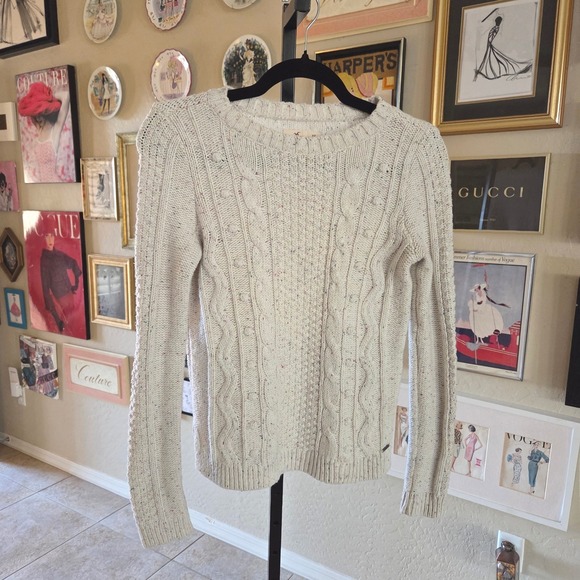 Hollister Y2K Cream Speckled Cable Knit Sweater XS Long Sleeve Crew Neck - Picture 2 of 6